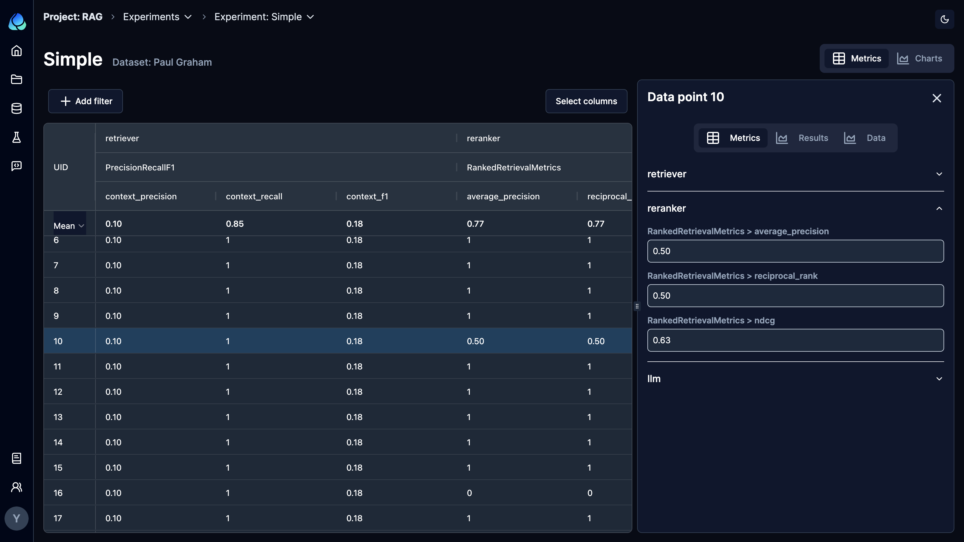 Get detailed metric scores on the sidebar