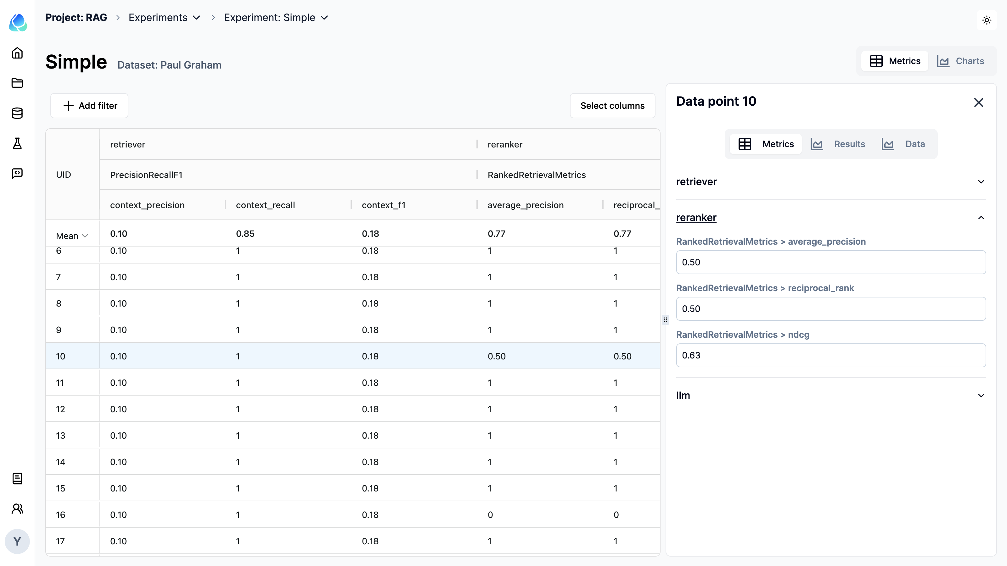 Get detailed metric scores on the sidebar