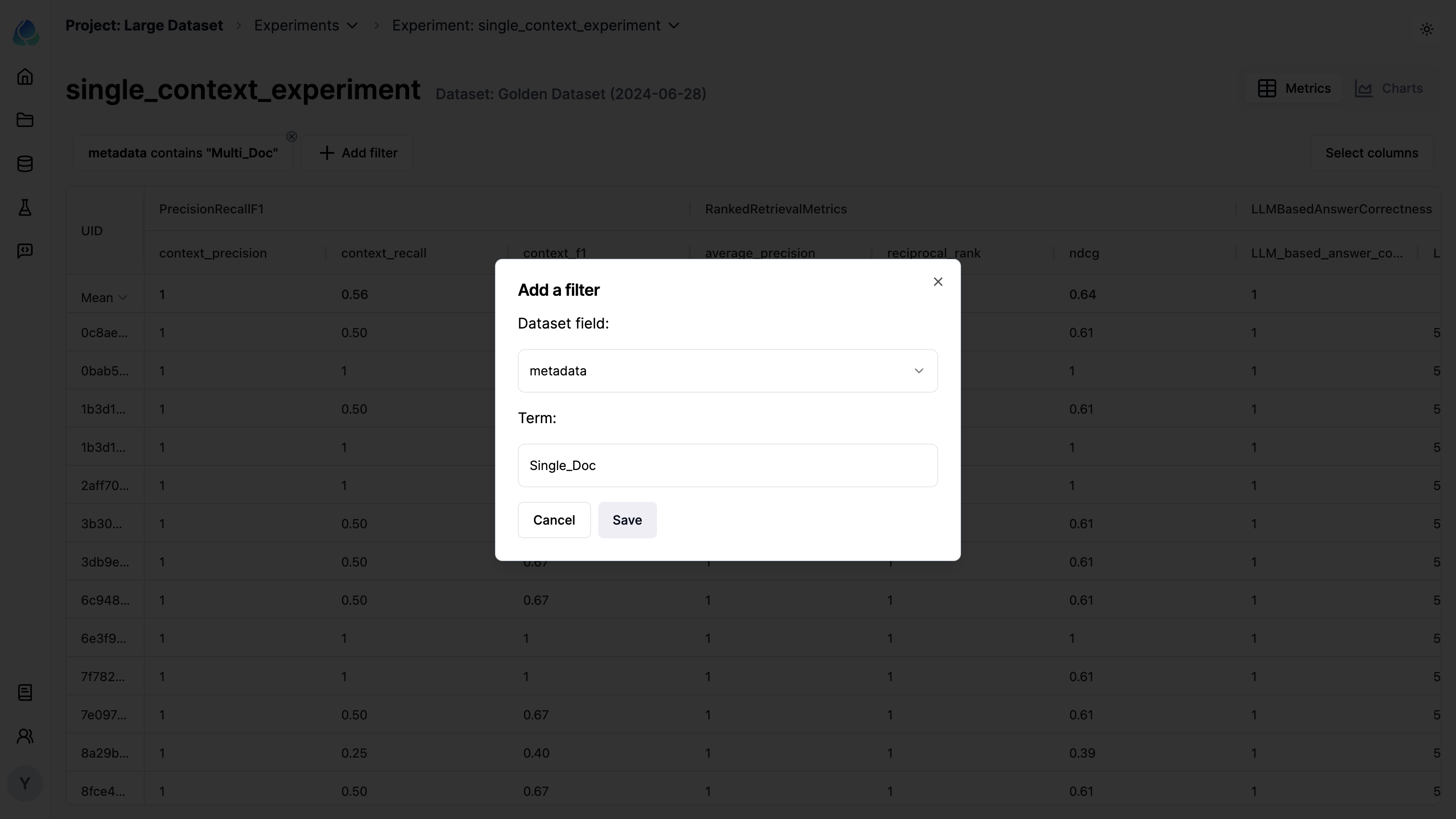 Sort and filter experiments by metadata, keywords, and metrics