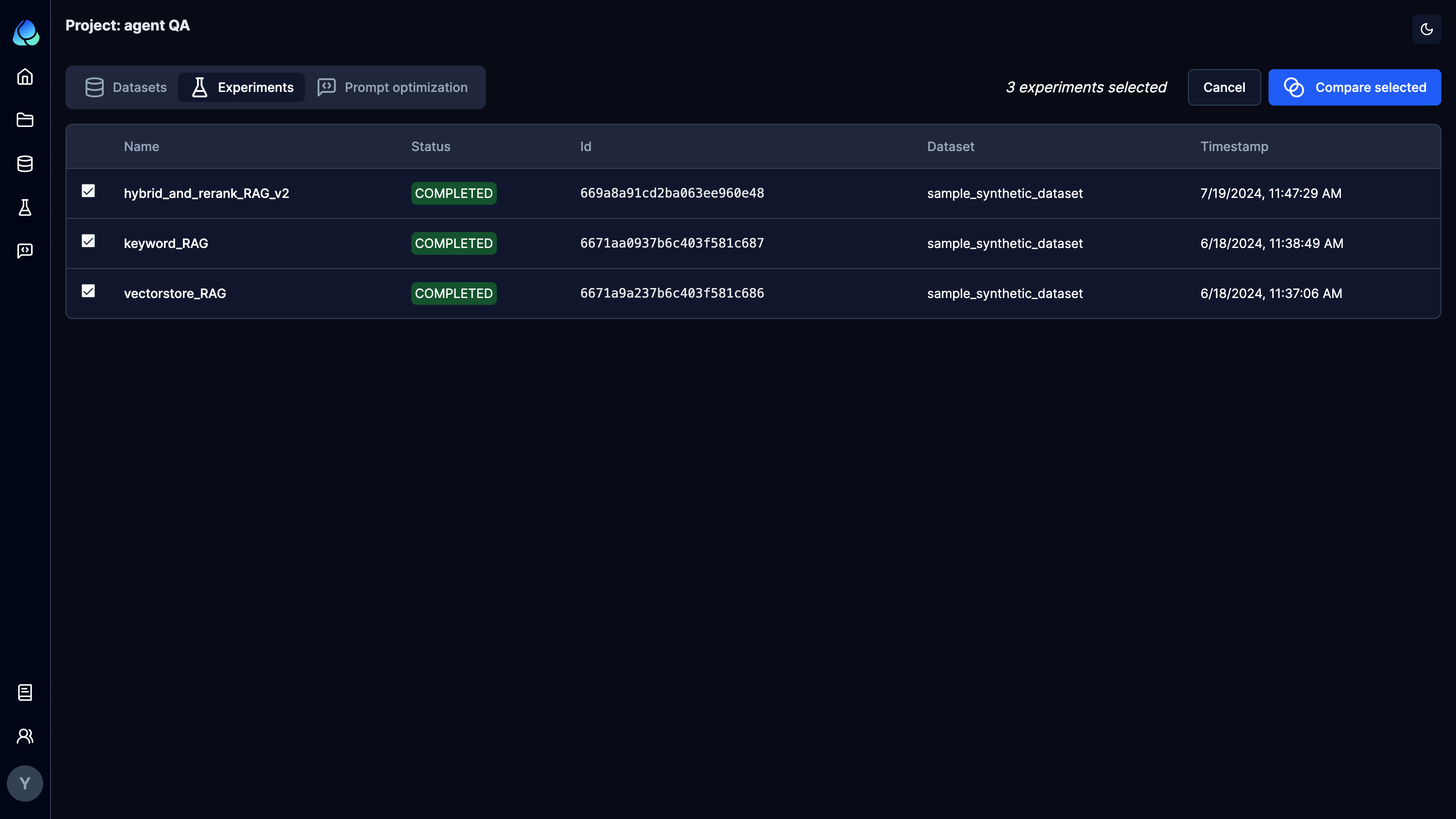 Compare results from multiple experiments